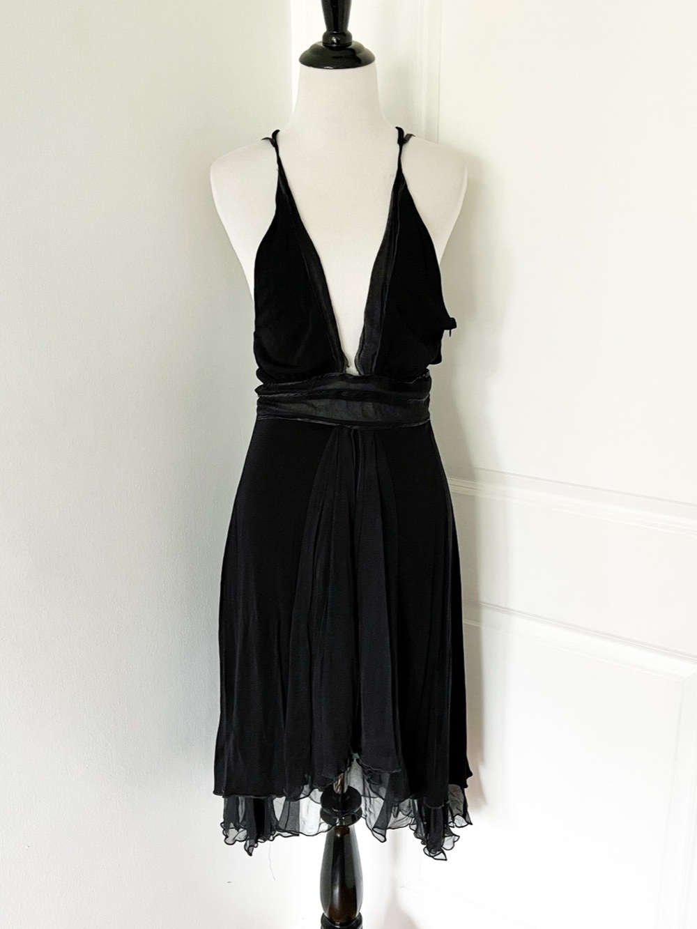 Vintage bebe Black Mini Dress Sheer Waist Size Small